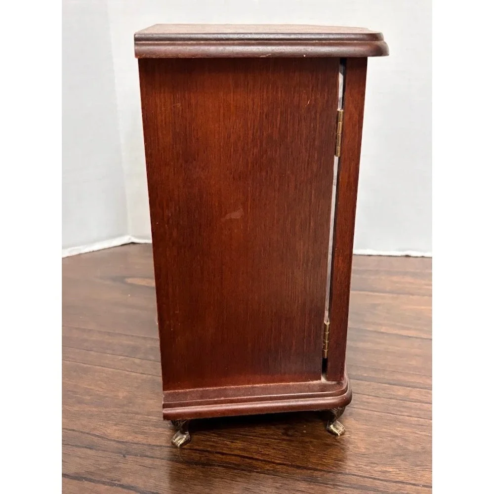 Vintage Wood Jewelry Armoire Glass Etched Doors Rotating Carousel Claw Feet